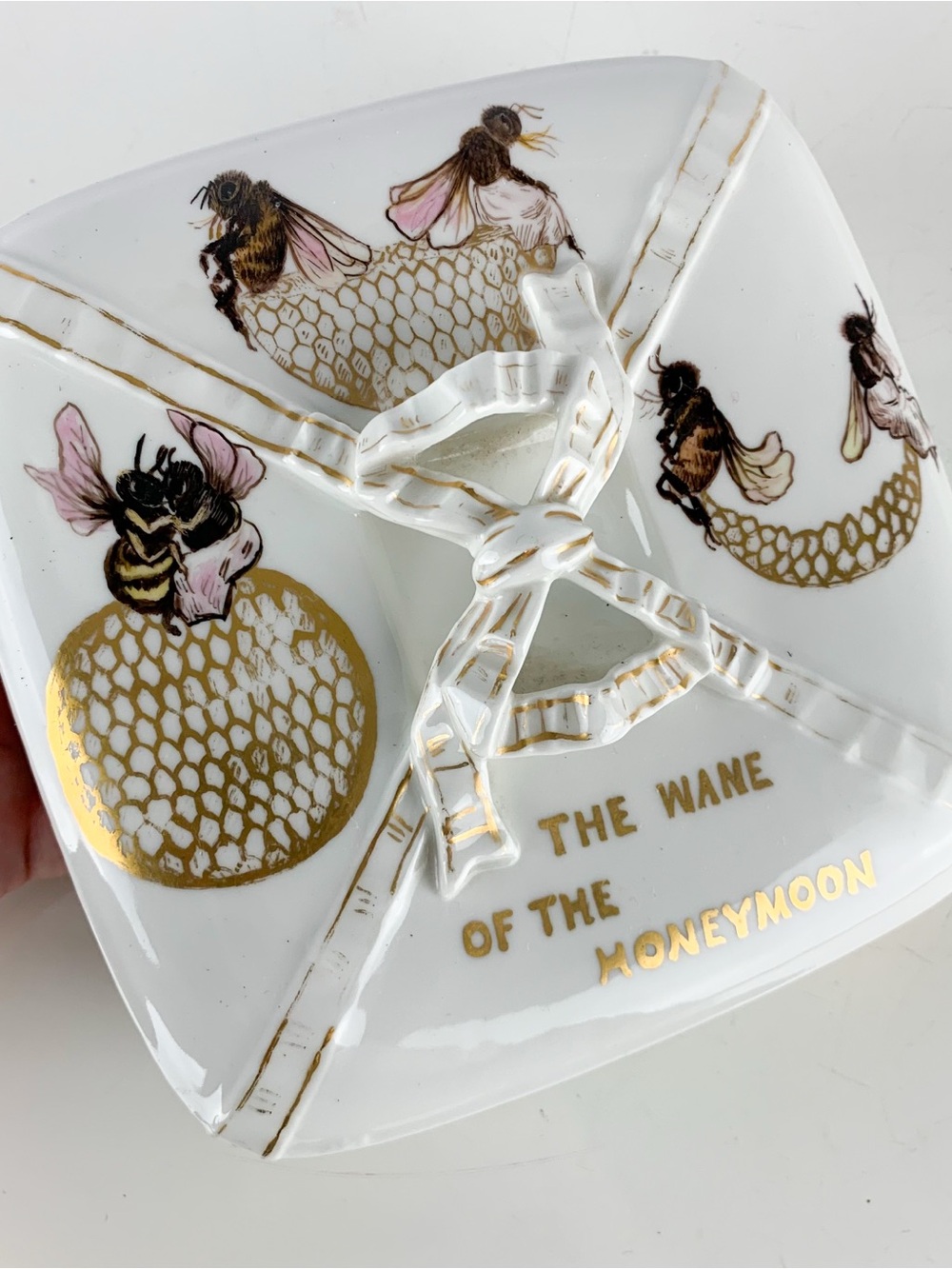 Vintage Ornate Hand Painted Porcelain Honey Bee Wane of Honeymoon Trinket Box